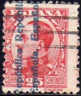 ESPAÑA 1931 598 Sello Alfonso XIII 25c Sobrecargado Republica Española usado con número de control al dorso Espana Spain Espagne Spagna Spanje Spanien 